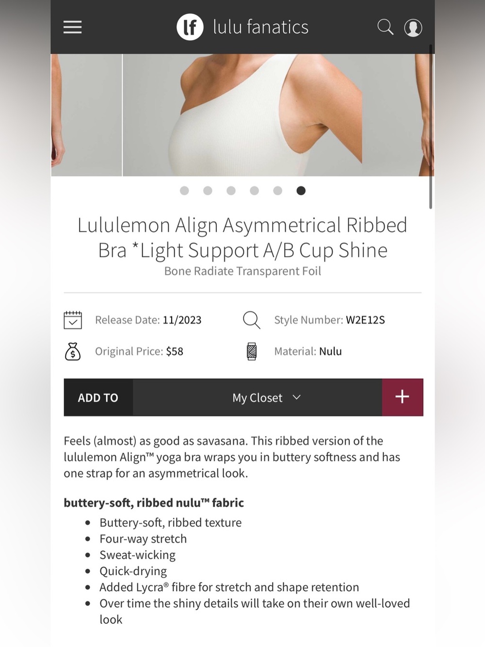 Lululemon Align Asymmetrical Ribbed Bra *Light Support A/B Cup Shine Size 10 NWT - Picture 9 of 9